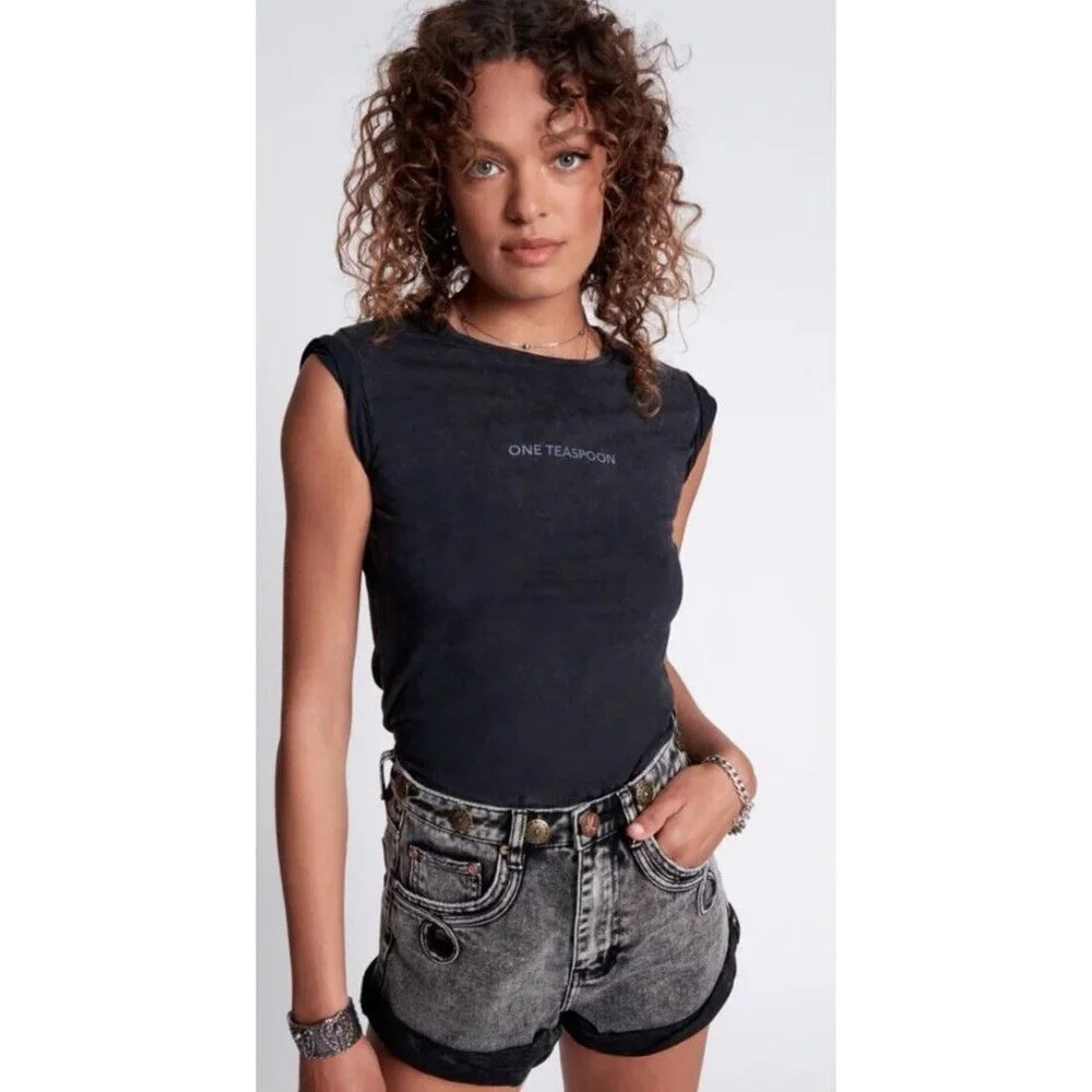 One Teaspoon Organic Fitted Logo Tee Acid Black Size XS NWT